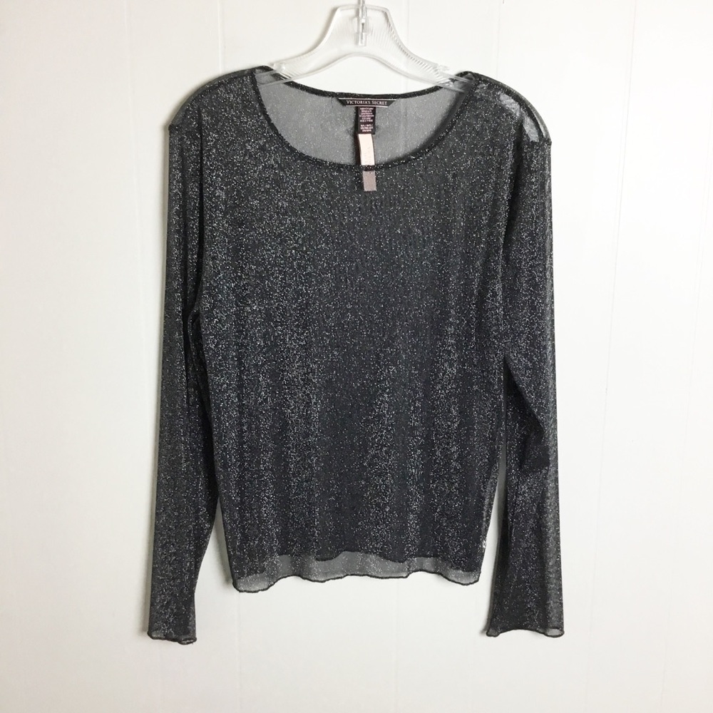 Victorias Secret Black & Silver Long Sleeve See-through Top Sheer Size M-L New